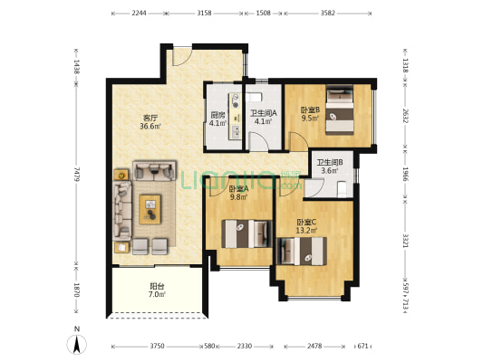 岭南尚品 3室1厅2卫 107平方