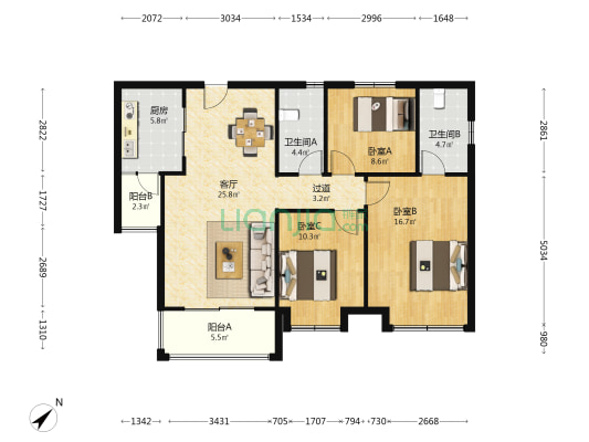 锦悦华庭 3室1厅2卫 108平方