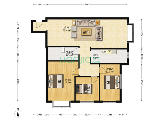 秋实e景佳园二期 3室1厅1卫 120平方