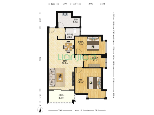 海云轩 3室1厅1卫 91平方