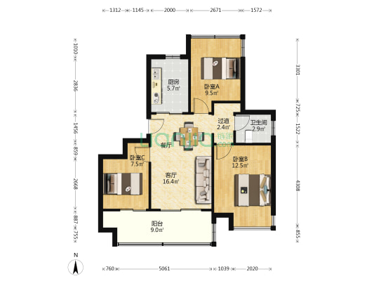文一朗书轩 3室1厅1卫 90平方