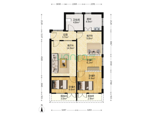多宝路 3室2厅1卫 78平方