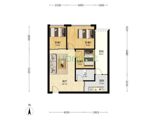 仲恺高新区优盘公寓 3室1厅1卫 67平方