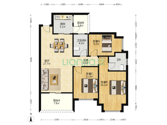 金阳华府 3室1厅2卫 111平方