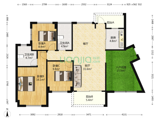 星河丹堤V区 3室1厅2卫 109平方