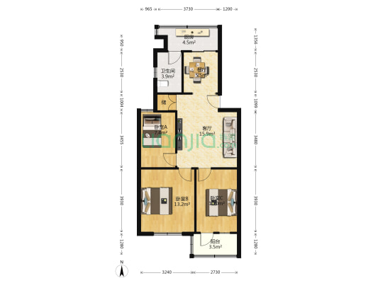 饮食服务公司宿舍楼 3室2厅1卫 83平方
