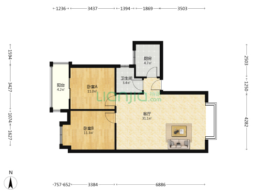 上上城 2室1厅1卫 81平方