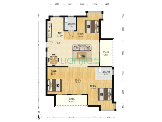 鲁能公馆三期 4室1厅2卫 124平方