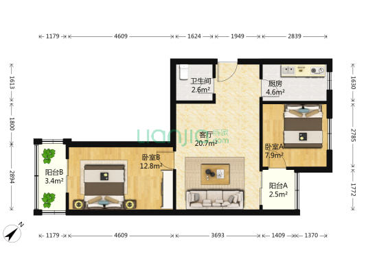 顺江新苑B区 2室1厅1卫 65平方