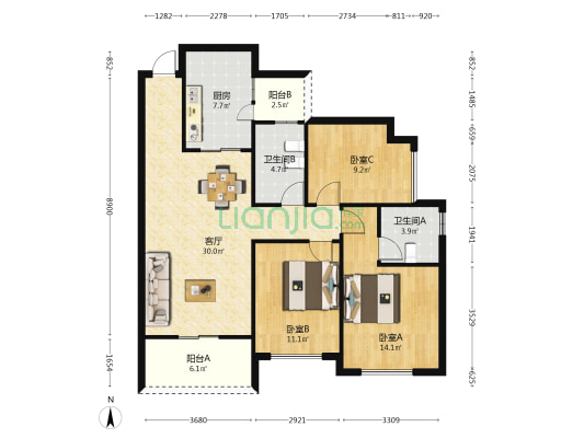 恒大文化旅游城3组团 3室1厅2卫 117平方
