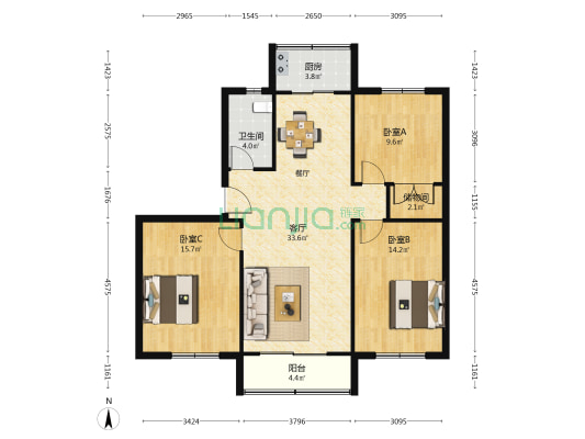 安徽医专宿舍 3室1厅1卫 100平方