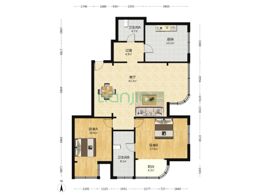 西子公寓 2室1厅2卫 160平方