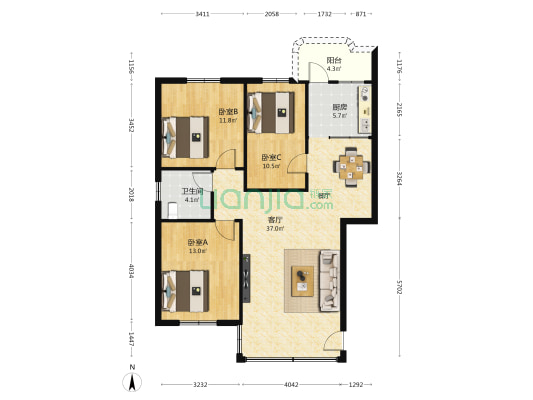 番中宿舍 3室1厅1卫 100平方