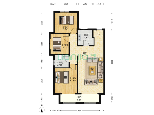 宝利新仕界 3室1厅1卫 106平方