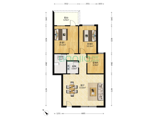 海员新村 3室1厅1卫 90平方