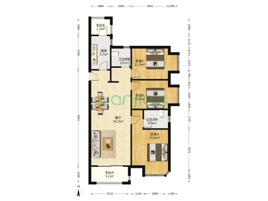 鑫苑城十号院 3室1厅2卫 126平方