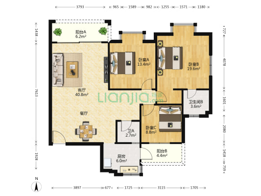 相思湖花园 3室1厅2卫 124平方