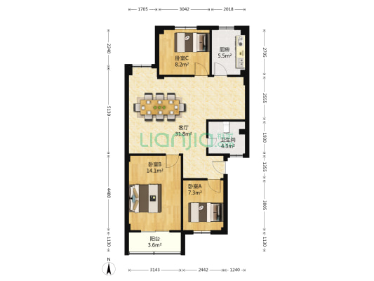 新田园七组团 3室1厅1卫 88平方