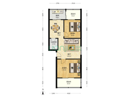 西影社区 2室2厅1卫 69平方