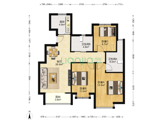 津尚花园 3室1厅2卫 110平方