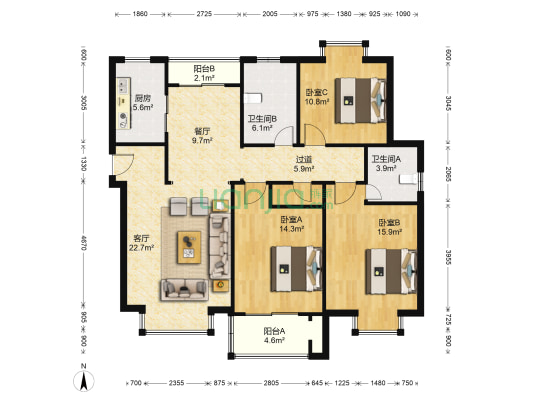 外外滩 3室2厅2卫 146平方