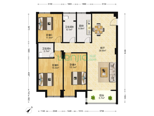 兴元绿洲一期 3室1厅2卫 120平方