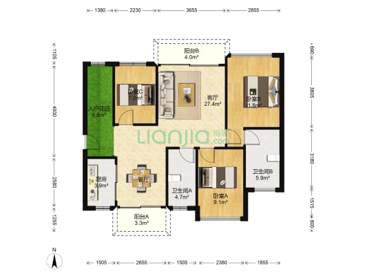 山海一品海岸花园 3室1厅2卫 96平方