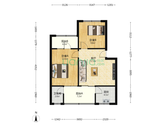 八角井街191号 2室1厅1卫 68平方