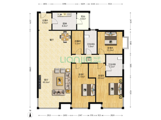 晓港名城御港湾 3室1厅2卫 166平方