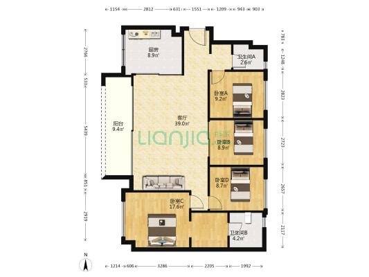万科公园都会北区 4室1厅2卫 136平方