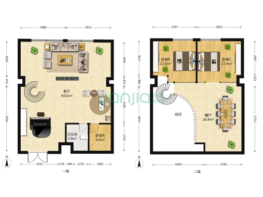 鸿城广场 3室2厅1卫 107平方