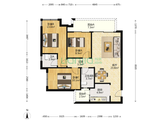 金科昆翔黛山悦府二期(二手) 3室1厅2卫 98平方