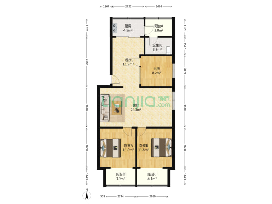 蔡家巷壹号医药小区 3室2厅1卫 109平方