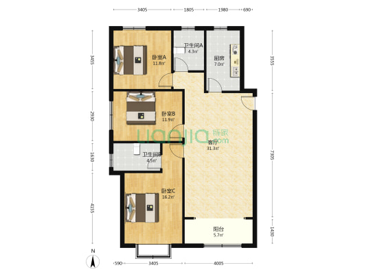 鹏渤新加坡花园 3室1厅2卫 129平方
