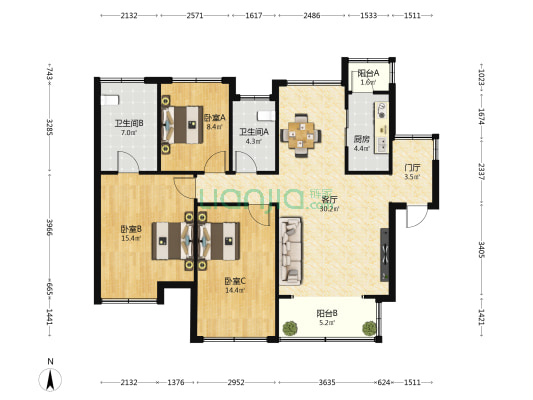 云海台二期B区 3室1厅2卫 116平方