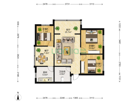 北仓坡17号 3室2厅1卫 80平方
