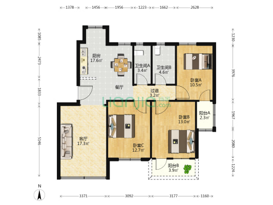 育才阁 3室1厅2卫 103平方