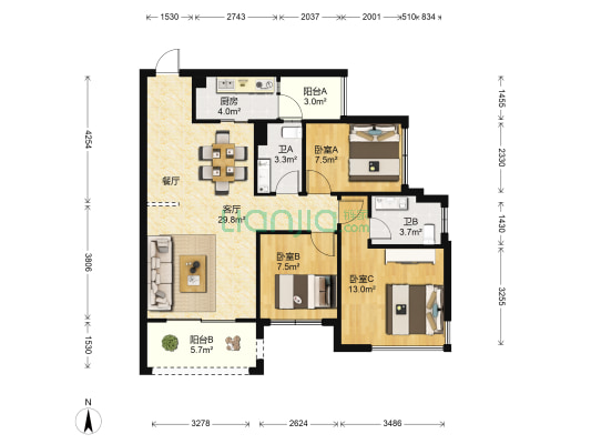 瀚林君庭 3室1厅2卫 93平方