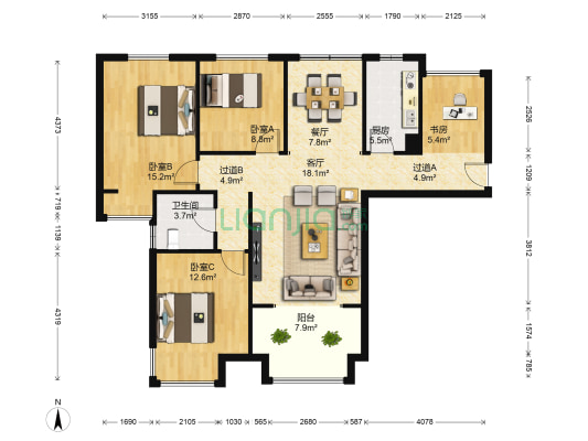 锦艺国际华都濠庭 4室2厅1卫 132平方