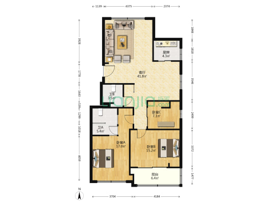 民乐大厦 3室1厅2卫 120平方