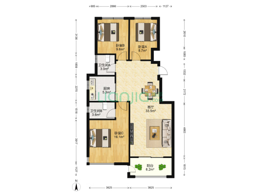 苏瑞茗芳苑 3室1厅2卫 92平方