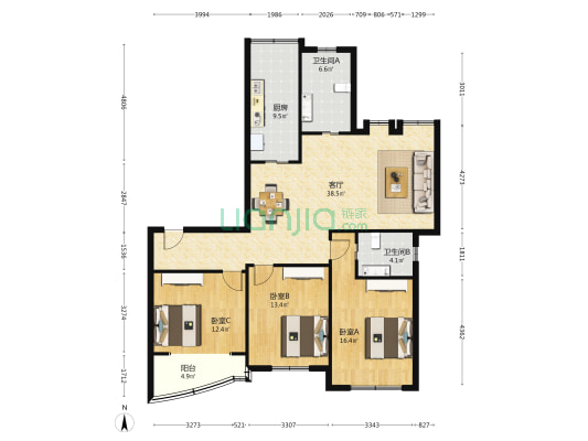 心仪雅苑 3室1厅2卫 135平方