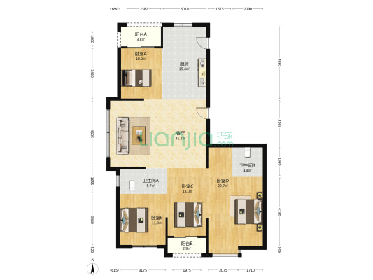 汀川佳园 4室1厅2卫 167平方
