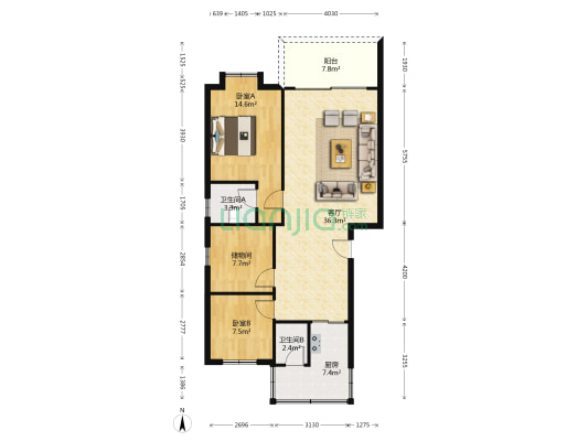 荷兴广场 2室1厅2卫 101平方