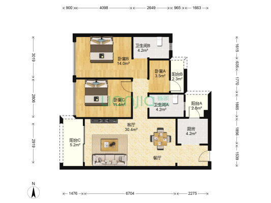 龙光玖龙府 3室1厅2卫 98平方