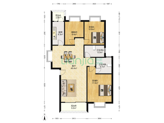 凤凰里小区 2室1厅2卫 122平方