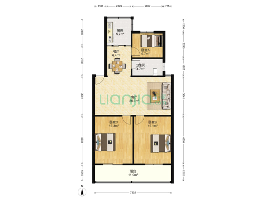 海陵路47号 3室2厅1卫 107平方