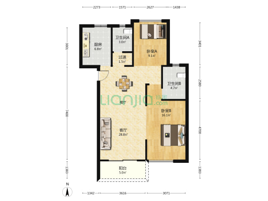 天荟江南府 2室1厅2卫 90平方