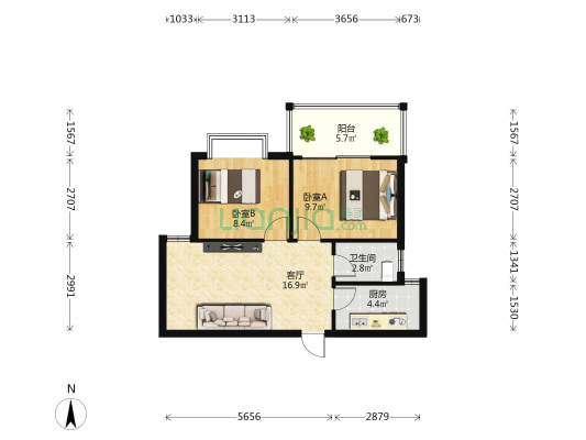 恒隆公寓 2室1厅1卫 66平方