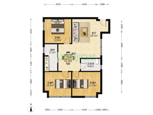 联浩花园一期 3室1厅1卫 96平方